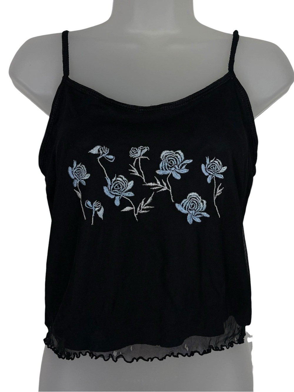Eyeshadow Vintage 90s Black Blue Floral Embroidered Mesh Layered Cami Tank Top L